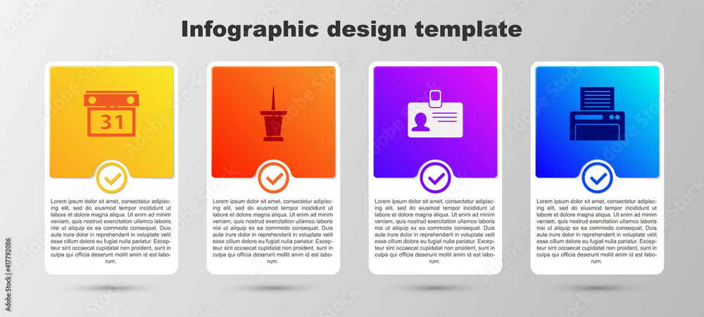 Set Calendar, Push pin, Identification badge and Printer. Business infographic template. Vector. Set Calendar, Push pin, Identification badge and Printer. Business infographic template. Vector.