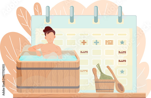 Man sitting in wooden tub. Guy in barrel is resting on background of calendar with signs. Male character in bath with hot steam. Person bathes in boiling water. Time tracking and time management