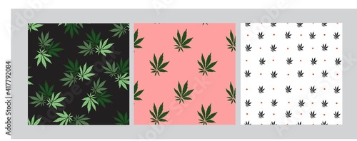 Set of seamless patterns from cannabis leaves. Vector illustration. 