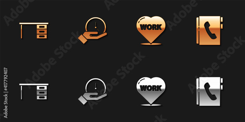 Set Office desk, Clock, Heart with text work and Address book icon. Vector.