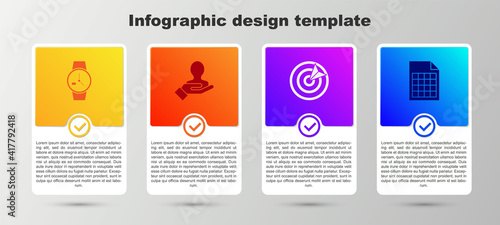 Set Wrist watch, Hand for search people, Target sport and File document. Business infographic template. Vector.