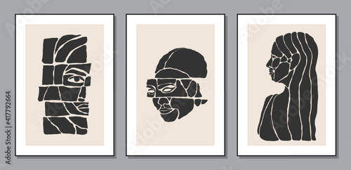 Set of minimalist contemporary portrait of woman beauty surreal face