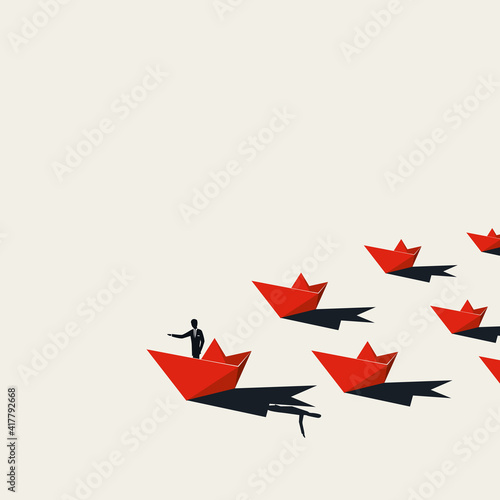Business leadership vector concept with man in paper boat followed by others. Symbol of leader, success, growth.