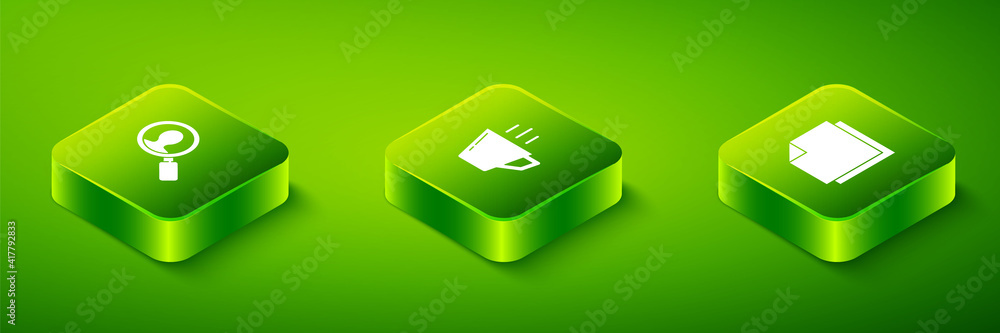 Set Isometric Coffee cup, Post note stickers and Magnifying glass for search people icon. Vector. Set Isometric Coffee cup, Post note stickers and Magnifying glass for search people icon. Vector.