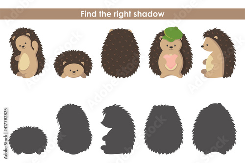 Find the correct shadows for cute hedgehogs. Educational logic game for children on a white background. Vector illustration