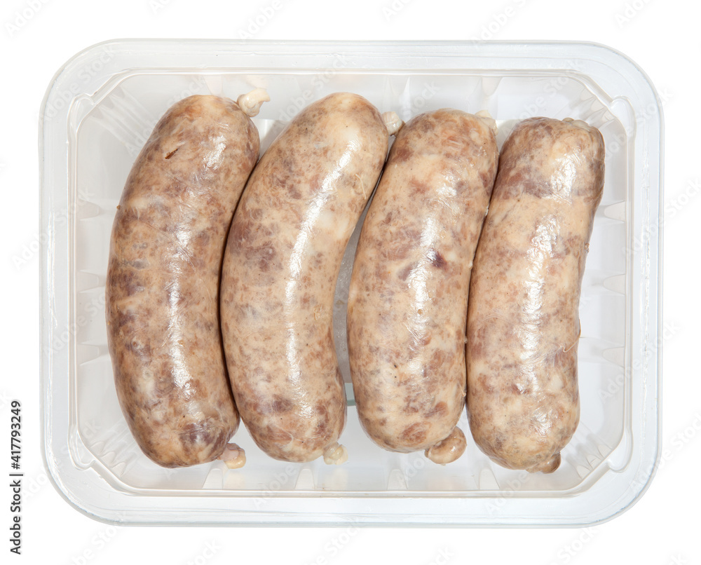 The hunting sausages in box isolated on white background The hunting sausages in box isolated on white background