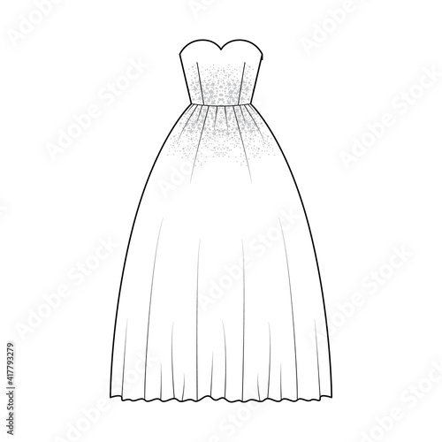 Crinoline dress technical fashion illustration with strapless sweetheart neckline, floor length, full skirt, embellishment motif. Flat template front, white color style. Women, men unisex CAD mockup