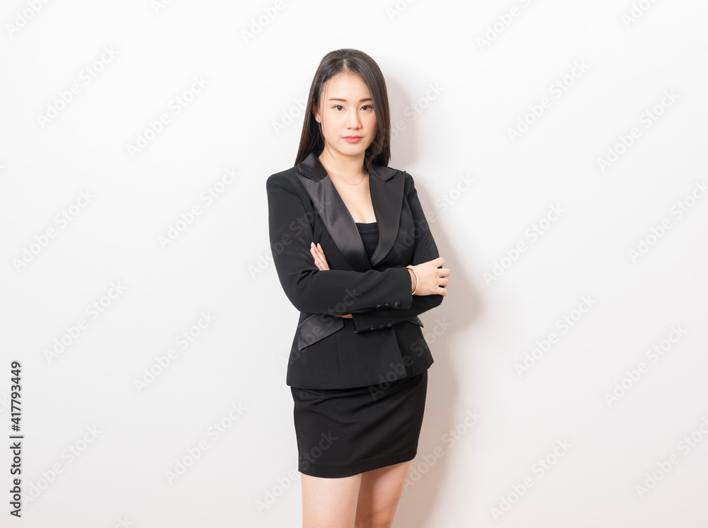 Portrait of Asian woman long hair and wearing suit thinking about success, isolated on white background. Portrait of Asian woman long hair and wearing suit thinking about success, isolated on white background.