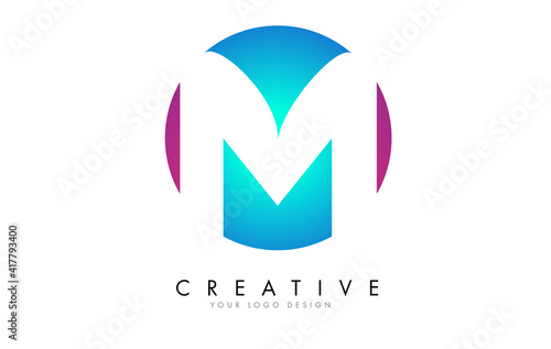 Colorful M Letter Logo Design with a Creative Cuts and Gradient Blue and Pink Rounded Background.
