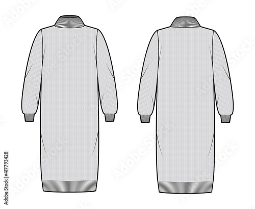 Sweater dress technical fashion illustration with knit rib turtleneck, long sleeves, oversized, knee length, knitted pattern texture. Flat apparel front, back, grey color style. Women, men CAD mockup