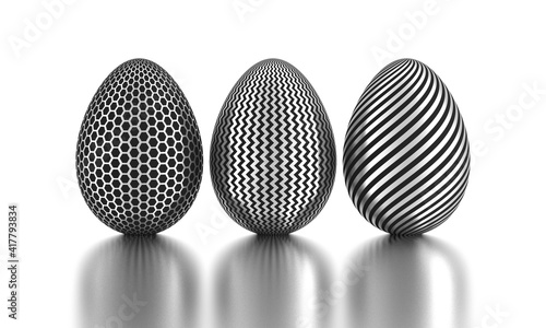 Photography Three silver painted easter eggs. 3D rendering