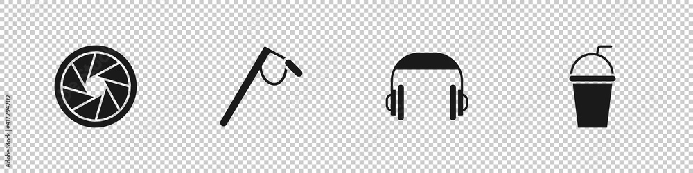 Set Camera shutter, Microphone, Headphones and Paper glass with straw icon. Vector.