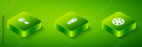 Set Isometric USB flash drive, Film reel and Cinema camera icon. Vector.