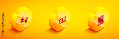 Set Isometric CD or DVD disk, VHS video cassette tape and Play Video icon. Vector.