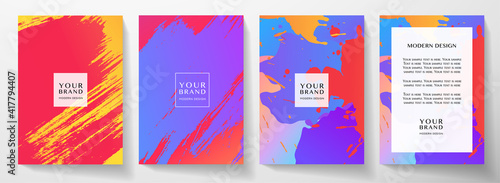 Modern colorful cover design set. Creative abstract art pattern with rainbow brush stroke, paint drop (spot) on bright background. Multicolor vector collection for notebook, flyer, poster template
