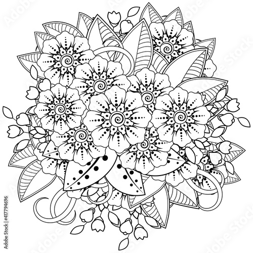 Mehndi flower decoration in ethnic oriental  indian style. doodle ornament. outline hand draw illustration. coloring book page.