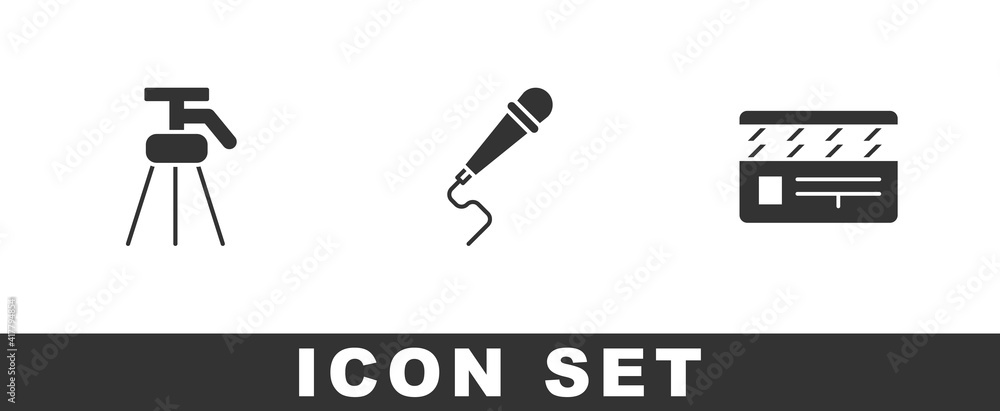 Set Tripod, Microphone and Movie clapper icon. Vector. Set Tripod, Microphone and Movie clapper icon. Vector.