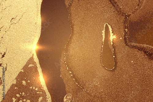 Gold and chocolateabstract alcohol ink marble texture. Vector shining background with glitter. Template for banner, poster design. Fluid art painting