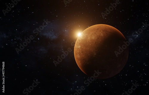3D rendering of a sunrise seen from space over a red planet, like Mars, with Milkyway in the background 