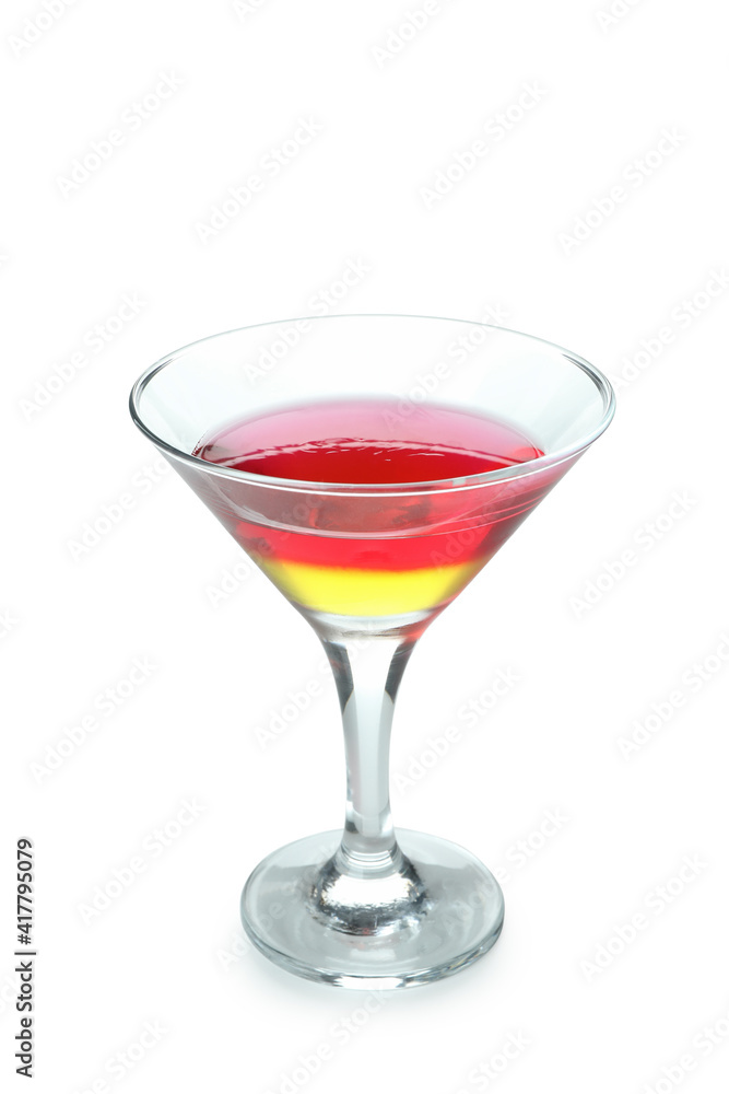 Cocktail glass with strawberry and orange jelly isolated on white background Cocktail glass with strawberry and orange jelly isolated on white background