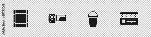 Set Play Video, Cinema camera, Paper glass with straw and Movie clapper icon. Vector.