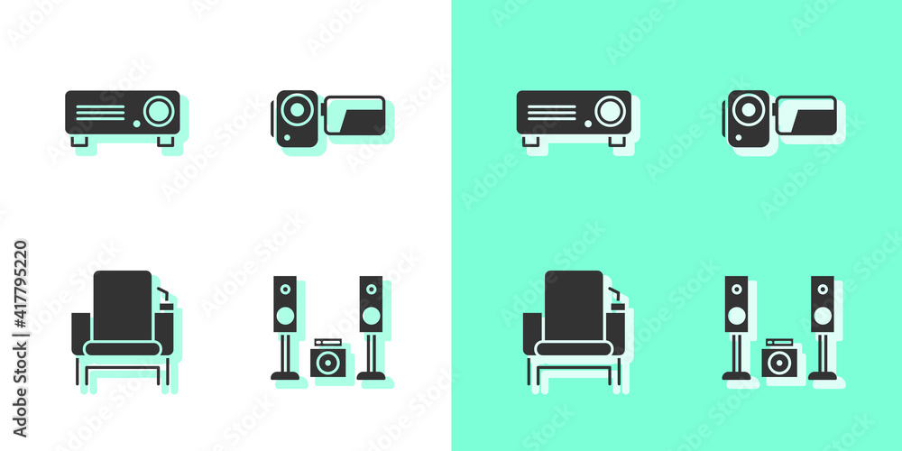 Set Home stereo with two speakers, Movie, film, media projector, Cinema chair and camera icon. Vector. Set Home stereo with two speakers, Movie, film, media projector, Cinema chair and camera icon. Vector.