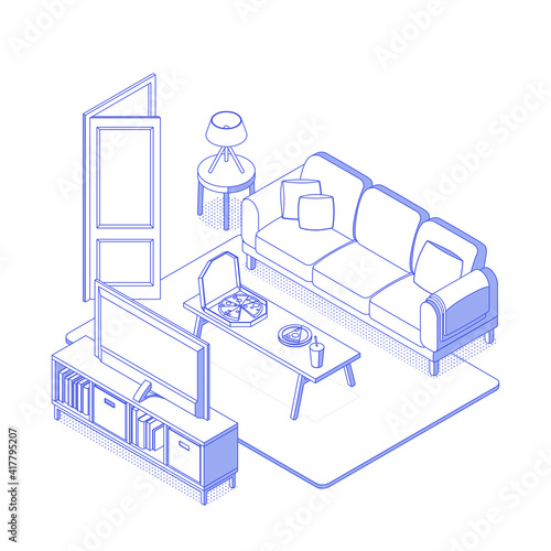 Isometric blue living room, tv room on white. Vector illustration in flat design, isolated. Outlined, linear style.
