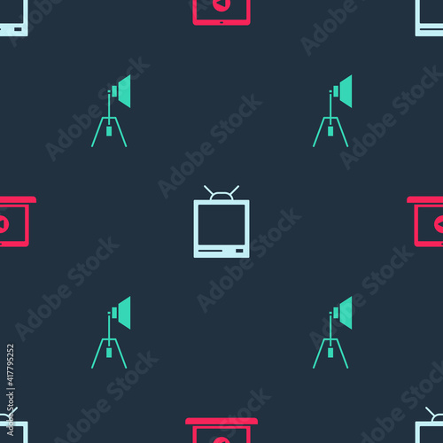 Set Online play video, Retro tv and Movie spotlight on seamless pattern. Vector.