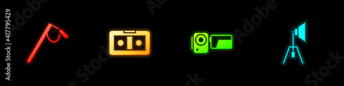 Set Microphone, VHS video cassette tape, Cinema camera and Movie spotlight icon. Vector.