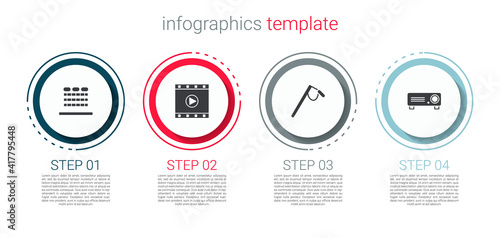 Set Cinema auditorium with seats, Play Video, Microphone and Movie, film, media projector. Business infographic template. Vector.