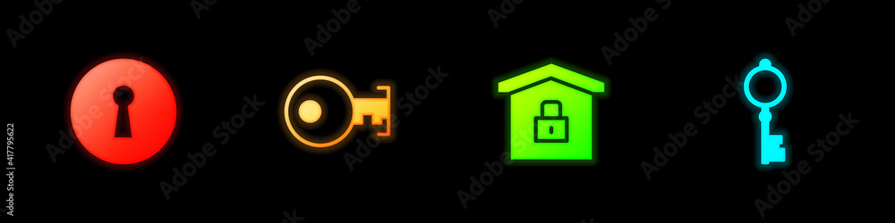 Set Keyhole, , House under protection and Old key icon. Vector. Set Keyhole, , House under protection and Old key icon. Vector.