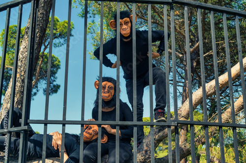 Portrait Of Caged Women With Monkey Mask In Forest