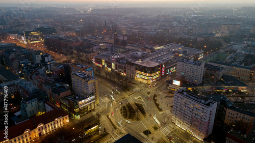 Poland  Szczecin 03 03 2021. Panorama of the city  view from the drone. The photo shows the view of the old town and the cathedral