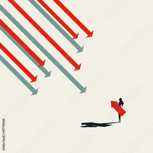 Businesswoman against the flow, vector concept. Symbol of emancipation, feminism and woman leadership.