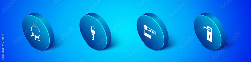 Set Isometric Bunch of keys, Marked, Door handle and Unlocked icon. Vector.