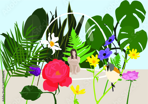 Naked woman sitting inside a bubble surrounded by wild nature, flowers, green plants and a bird. vectors