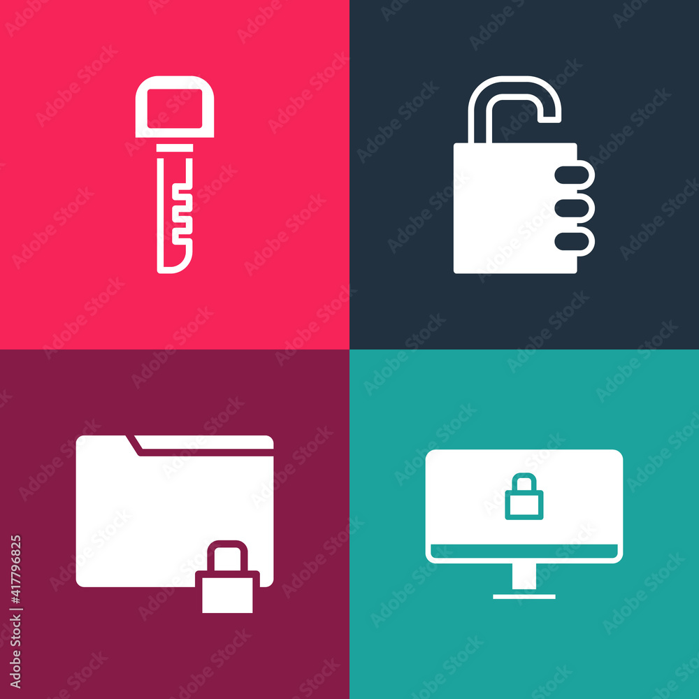 Set pop art Lock on computer monitor, Folder and lock, Safe combination and Key icon. Vector. Set pop art Lock on computer monitor, Folder and lock, Safe combination and Key icon. Vector.