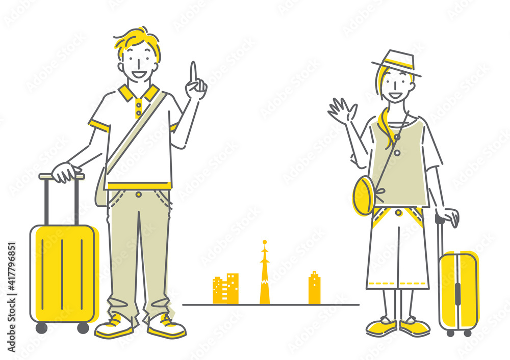 旅行を楽しむ若い女性と男性のシンプルでおしゃれな線画イラスト Stock Vector Adobe Stock