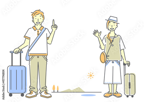 旅行を楽しむ若い女性と男性のシンプルでおしゃれな線画イラスト