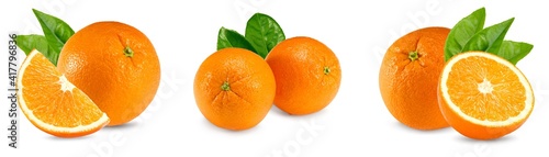 collection of orange fruit with green leaves isolated on white background. healthy food. clipping path
