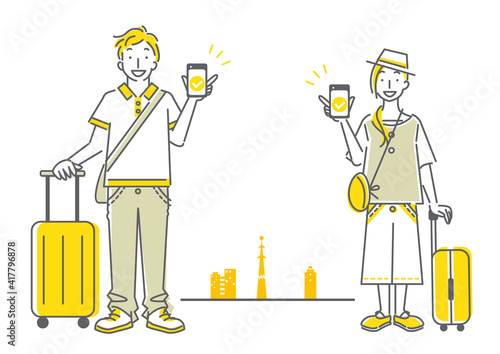 スマホで便利に旅行する若い女性と男性のシンプルでおしゃれな線画イラスト