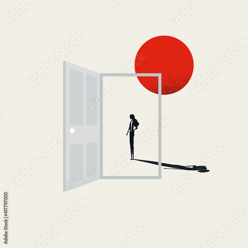 Business woman career opportunity vector concept with open door. Symbol of emancipation, strength and future.