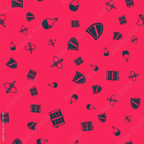 Set Wooden barrel, Old bottle of wine, Battle crossbow with arrow and Shield on seamless pattern. Vector.