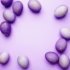 Easter frame of eggs painted in purple color. Flat lay, top view. Copy space for text.
