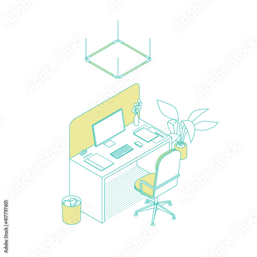 Modern isometric office cubicle on white. Vector illustration in flat design, isolated. Outlined, linear style.
