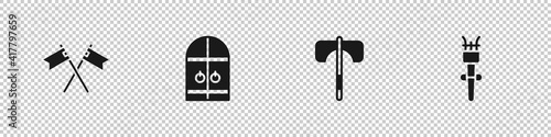 Set Crossed medieval flag, Medieval castle gate, axe and Torch flame icon. Vector.