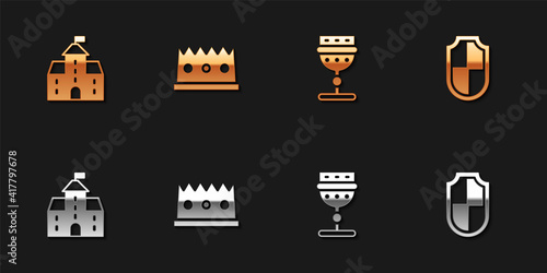 Set Castle, fortress, King crown, Medieval goblet and Shield icon. Vector.