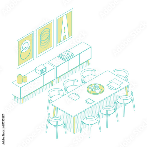 Modern isometric conference room on white. Vector illustration in flat design, isolated. Outlined, linear style.