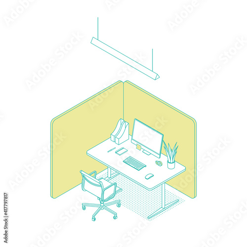 Modern isometric office cubicle desk on white. Vector illustration in flat design, isolated. Outlined, linear style.
