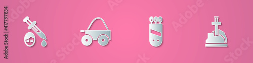 Set paper cut Sword with blood, Wooden four-wheel cart, Quiver arrows and in the stone icon. Paper art style. Vector.